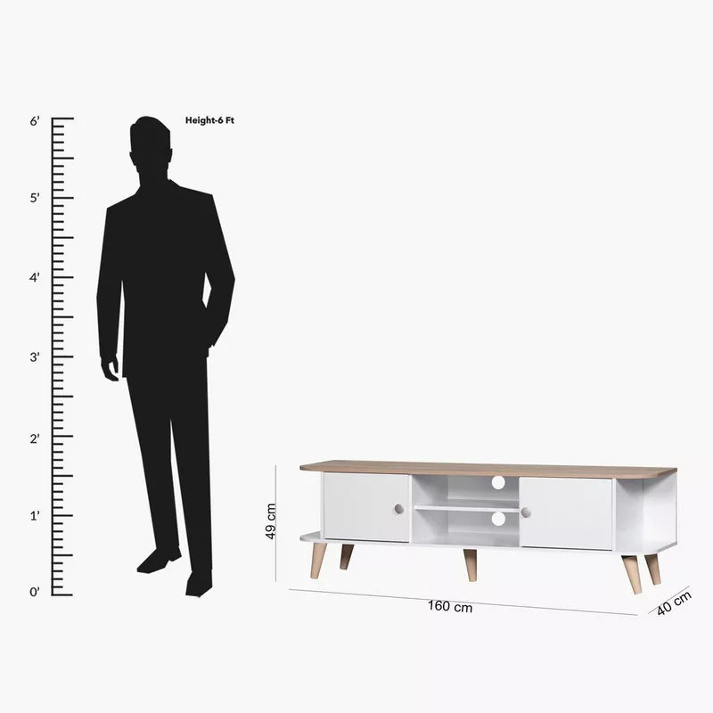 T23 TV table dimensions: 160x40x49cm, light wood top, white MDF, open shelf and cabinets