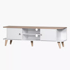 Light wood top on white MDF TV stand with central open shelf and two side compartments