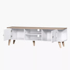 White TV table with light wood top, open center shelf, and side doors on shaker-style legs