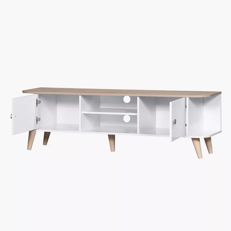 White TV table with light wood top, open center shelf, and side doors on shaker-style legs