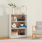 Open 3-tier bookcase with white frame and light wood shelves for books and decor
