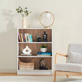 White MDF bookcase with open shelves and wood-grain back panels, 3 rows