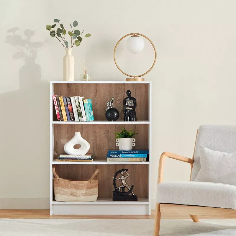 White MDF bookcase with open shelves and wood-grain back panels, 3 rows