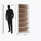 Bookcase dimensions diagram: 80x28x202 cm, open shelves in white frame with woodgrain panels