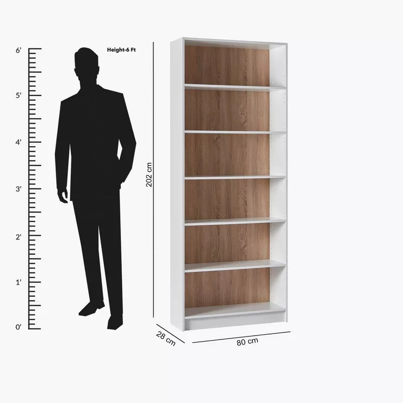 Bookcase dimensions diagram: 80x28x202 cm, open shelves in white frame with woodgrain panels