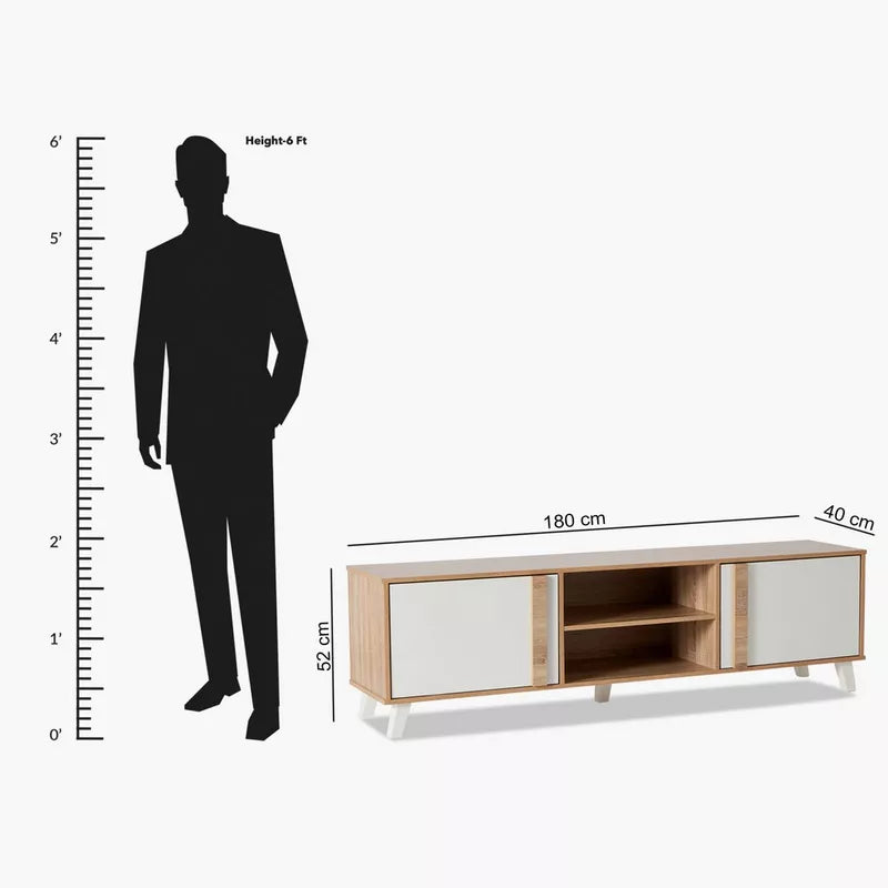 MDF TV table, 180x40x52cm: light wood frame with white doors and open shelving