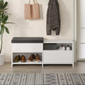 White MDF shoe rack bench with black top, open cubby shelves and drawer