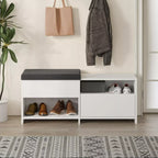 White MDF shoe rack bench with black top, open cubby shelves and drawer