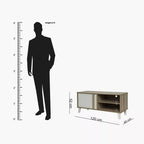 TV table size diagram: 120x40x52 cm, shows unit dimensions and standing-person scale