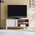 TV table with dark TV panel; light wood base, white cabinet door, open shelves for media