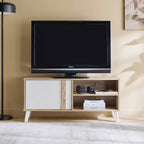 TV table with dark TV panel; light wood base, white cabinet door, open shelves for media