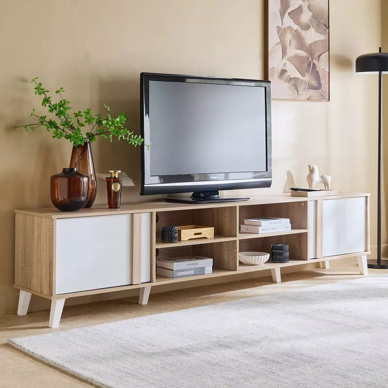 TV stand with white cabinet doors and middle open storage for media devices, light wood