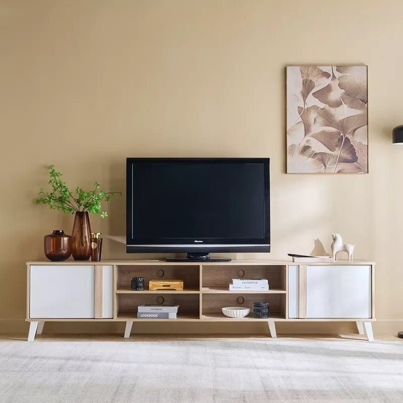 Light wood and white TV table with central open shelves and side cabinet doors