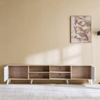 Light wood TV table with two drawers and open media shelves in center compartments