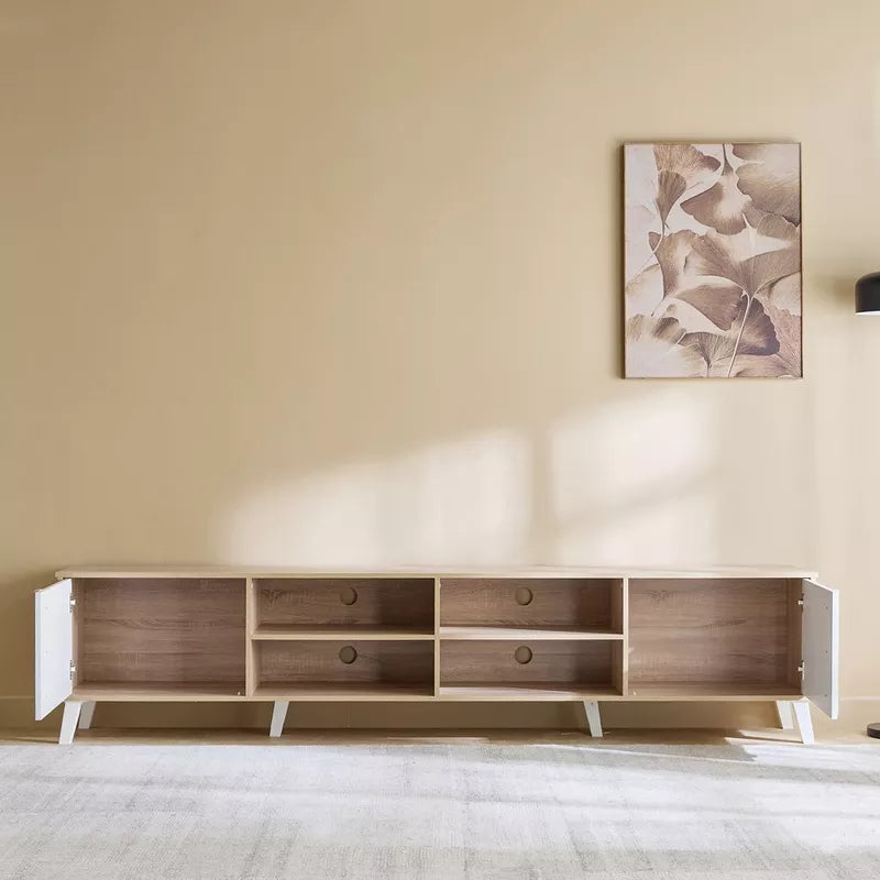 Light wood TV table with two drawers and open media shelves in center compartments
