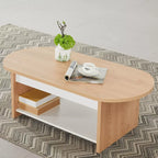 Oval coffee table with light wood top, white side panel, open shelf base.