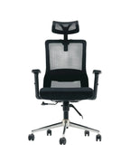 Front view black mesh office chair with padded seat, headrest, armrests, and wheels
