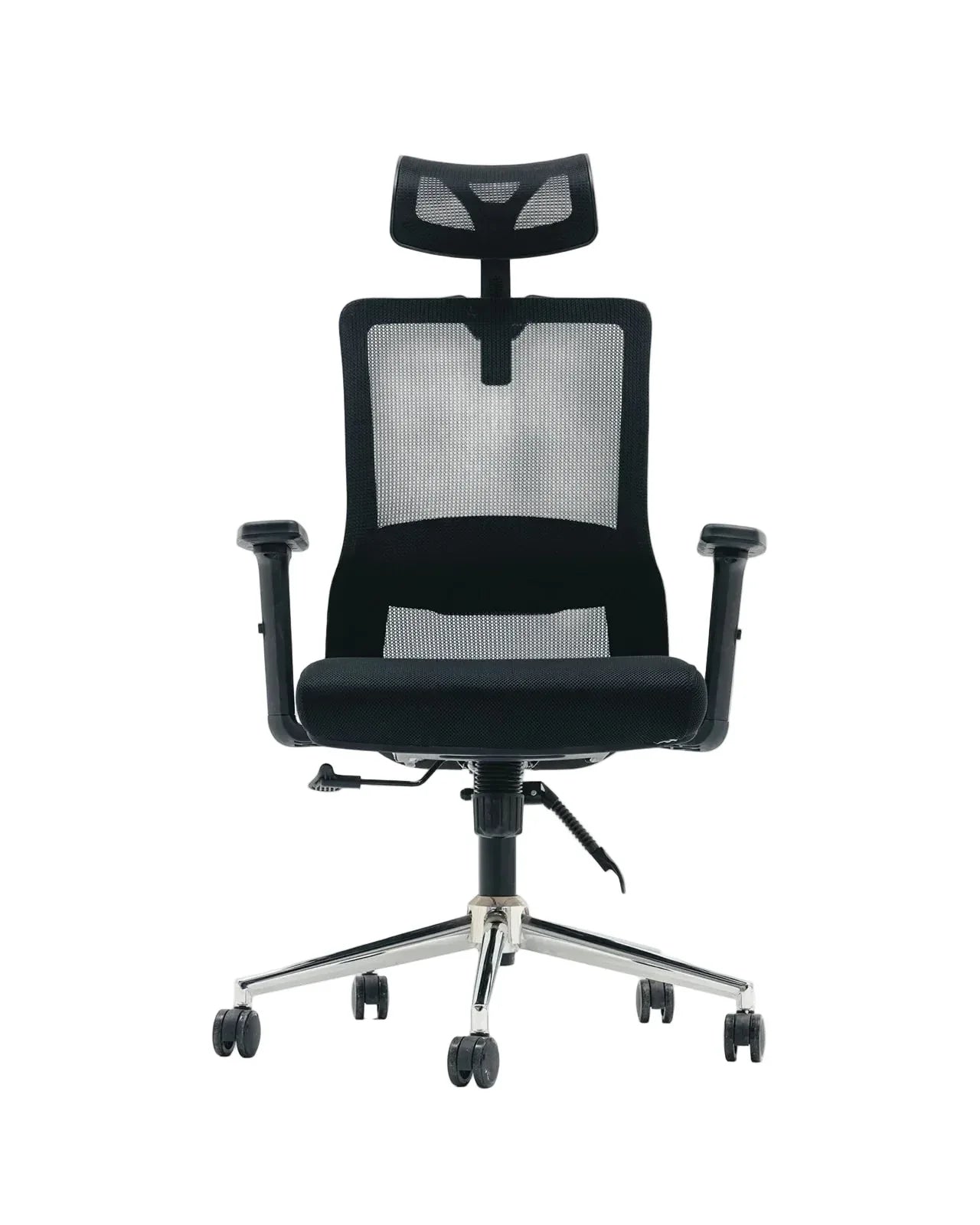 Front view black mesh office chair with padded seat, headrest, armrests, and wheels