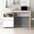 MDF desk: white drawer cabinet, dark work top, light wood frame, 120x50x75cm