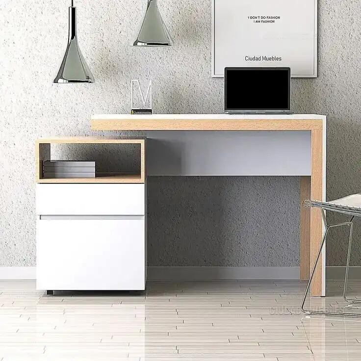 MDF desk: white drawer cabinet, dark work top, light wood frame, 120x50x75cm