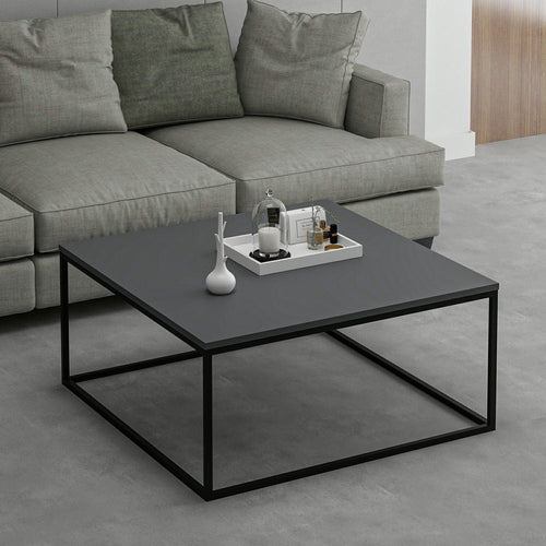 Square coffee table with dark MDF top and black metal frame, 90x90 cm