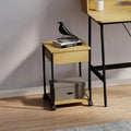 Light wood side table with black metal frame, drawer, bottom shelf, caster wheels