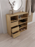 Light wood MDF shoe rack with open cubbies and lower drawer, 85x35x80cm