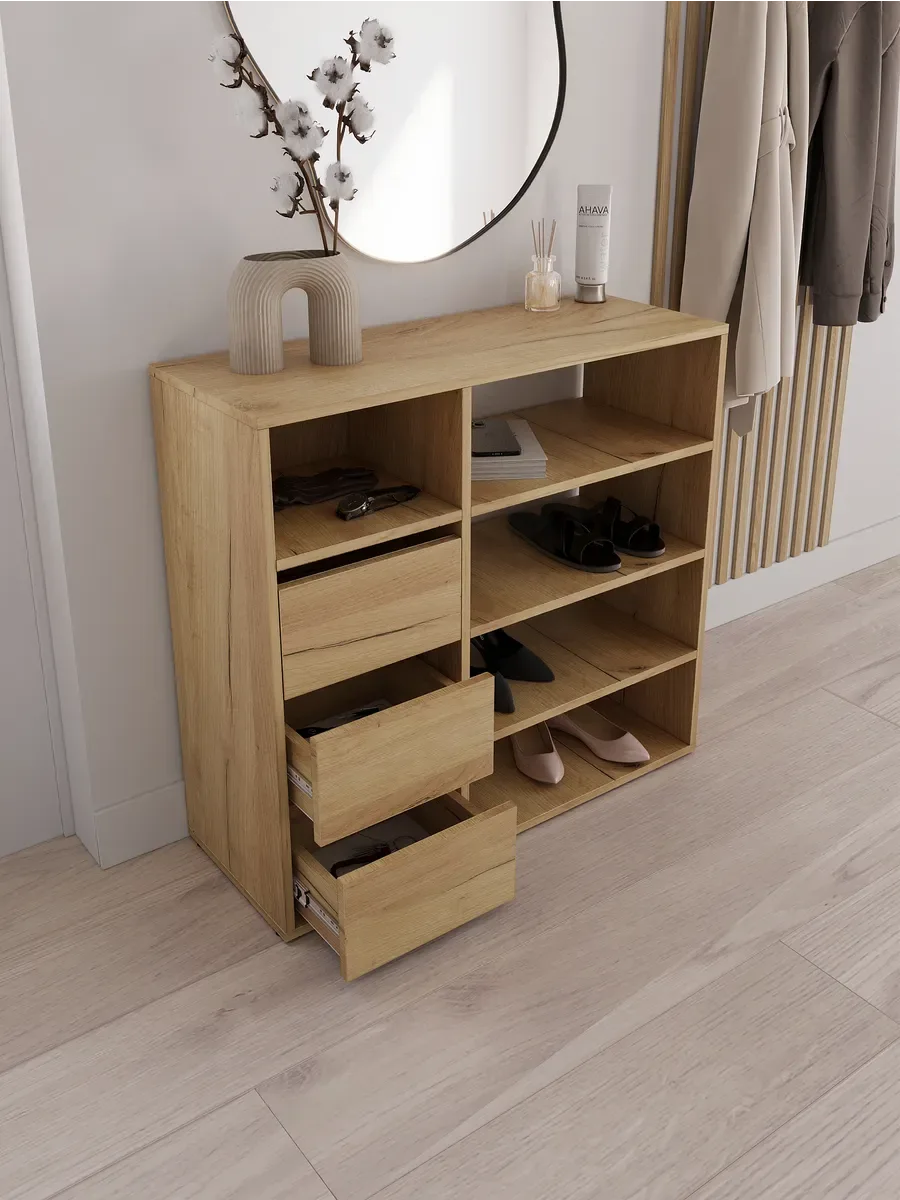 Light wood MDF shoe rack with open cubbies and lower drawer, 85x35x80cm