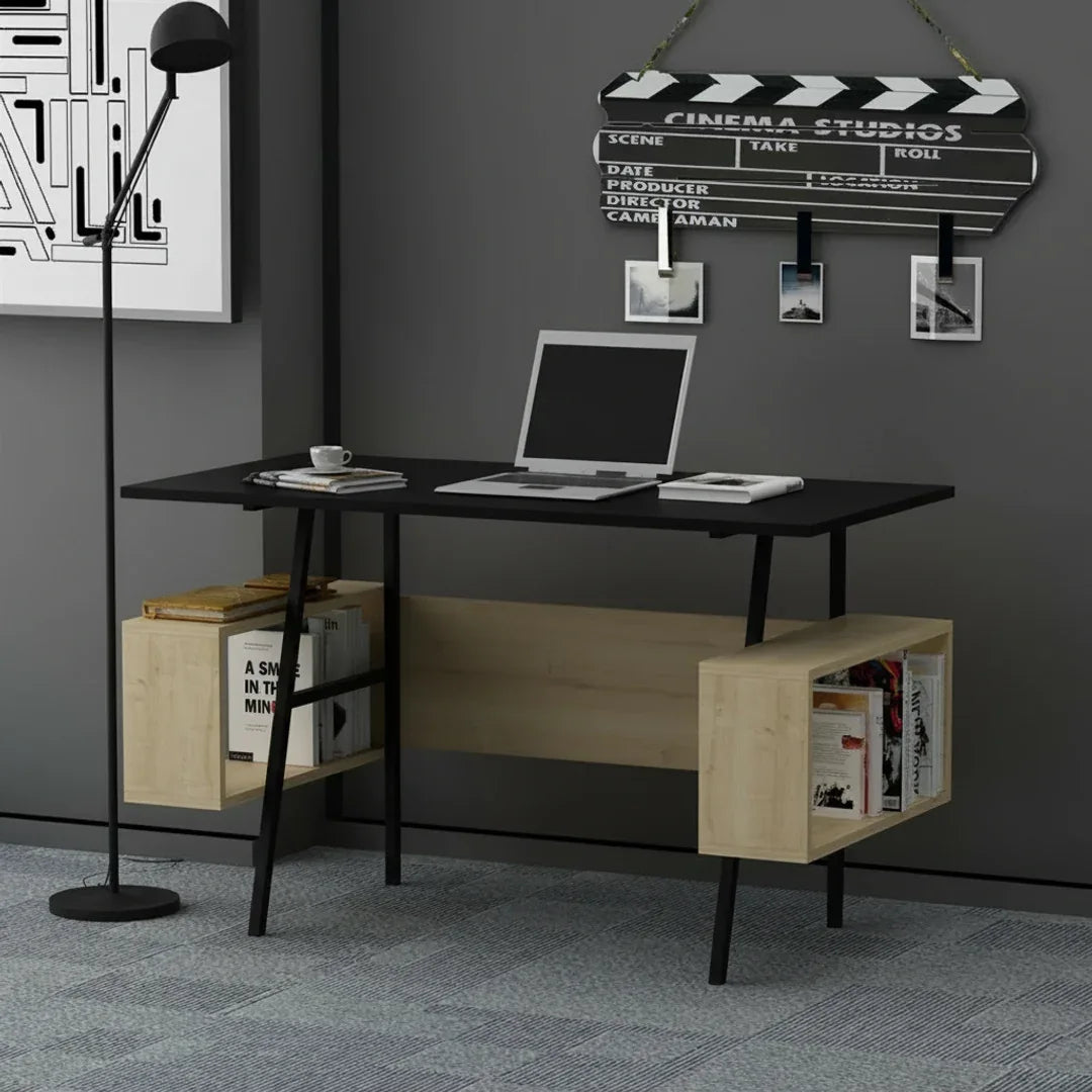 Rectangular office desk with black metal frame, dark tabletop, and light wood side shelves