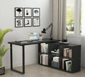 Black metal and MDF desk with attached storage cabinet and shelves
