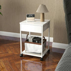 White MDF side table with metal frame, lower shelf, and open drawer-style compartment