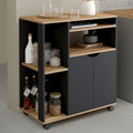 MDF coffee corner cabinet with wood top, open shelves, two doors, and caster wheels