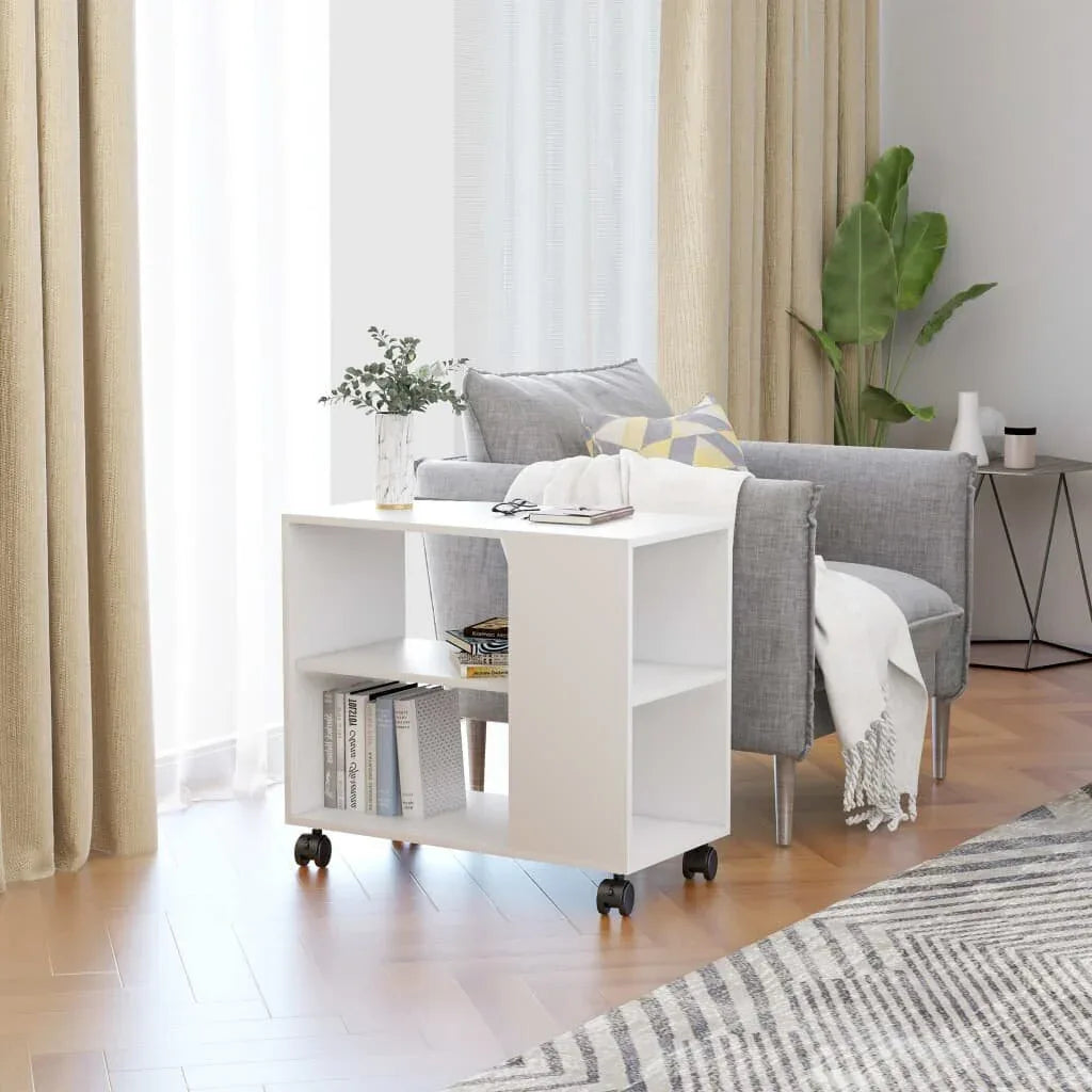 White MDF side table with open shelf and caster wheels, square top