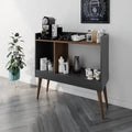 Coffee corner cabinet in dark gray with open shelves and wooden legs