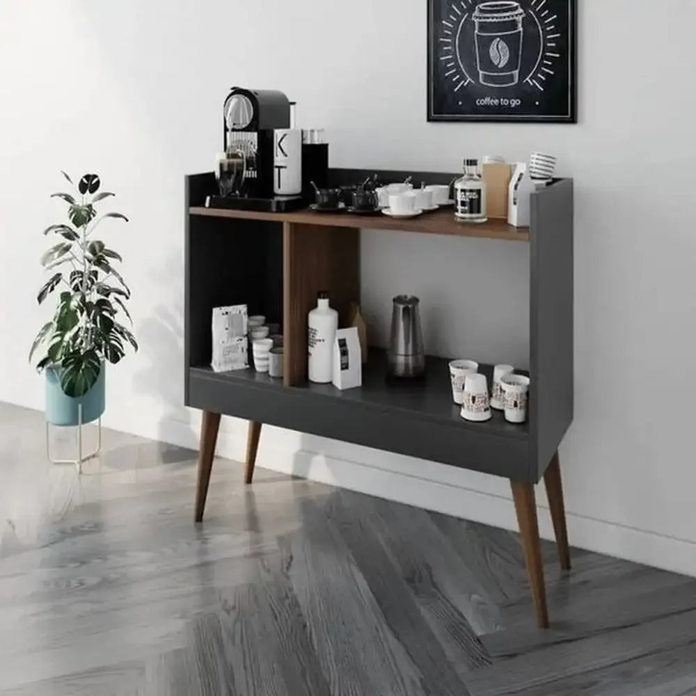 Coffee corner cabinet in dark gray with open shelves and wooden legs