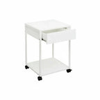 White side table with metal frame, drawer-style top shelf, and open lower compartment