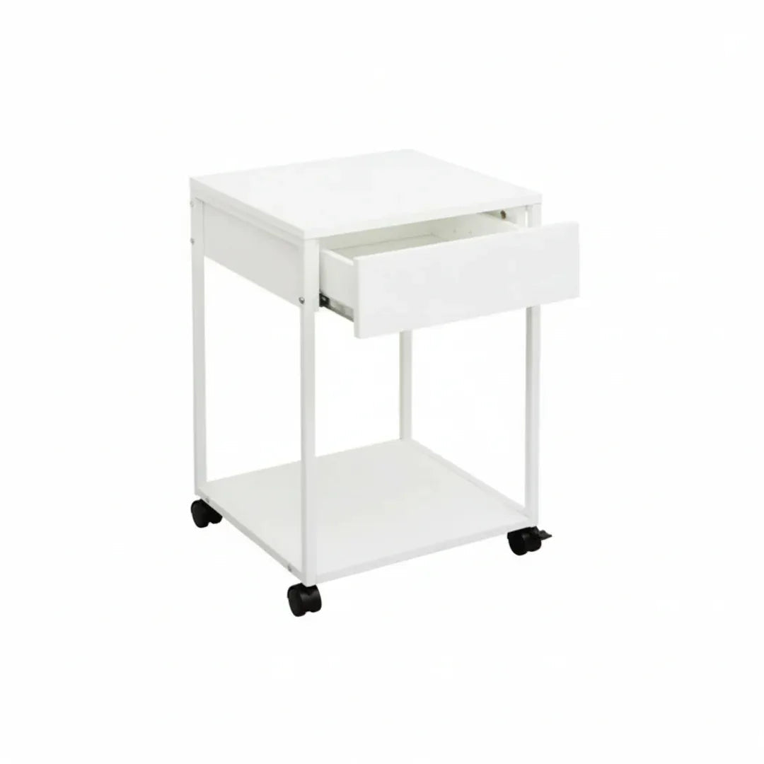 White side table with metal frame, drawer-style top shelf, and open lower compartment