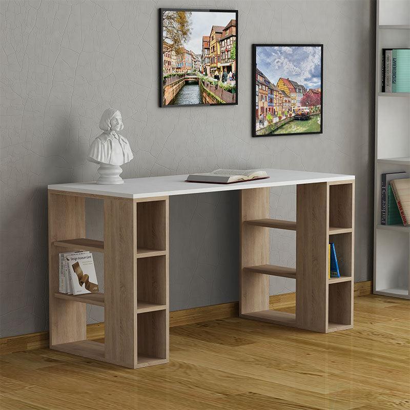 MDF desk 140x60x75cm with open shelves, light wood finish, rectangular desktop