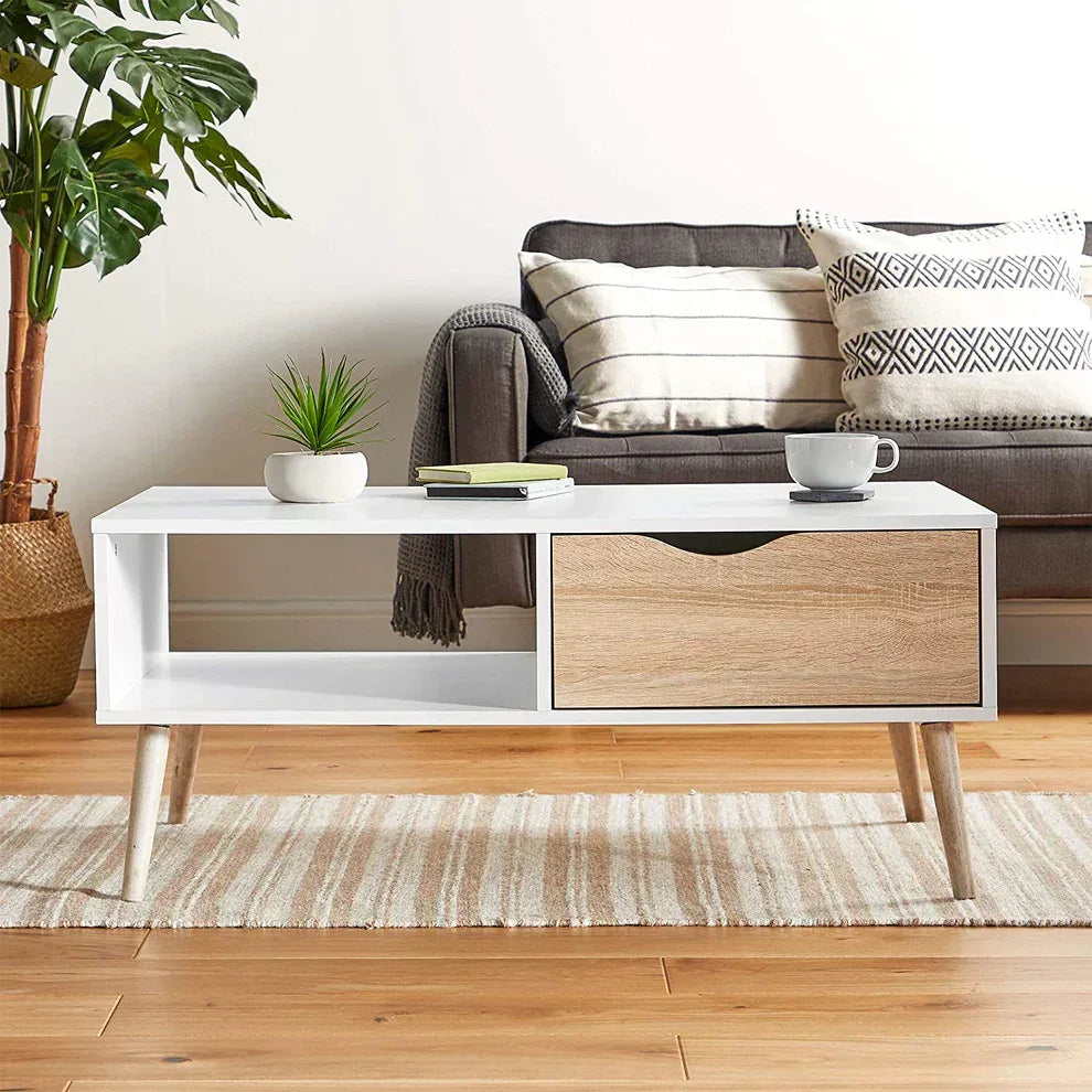 White MDF coffee table with open shelf, wood-look drawer, 100x50x45cm