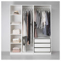 White MDF wardrobe with open shelves, hanging rails, and drawer cabinets, 160x40x200cm