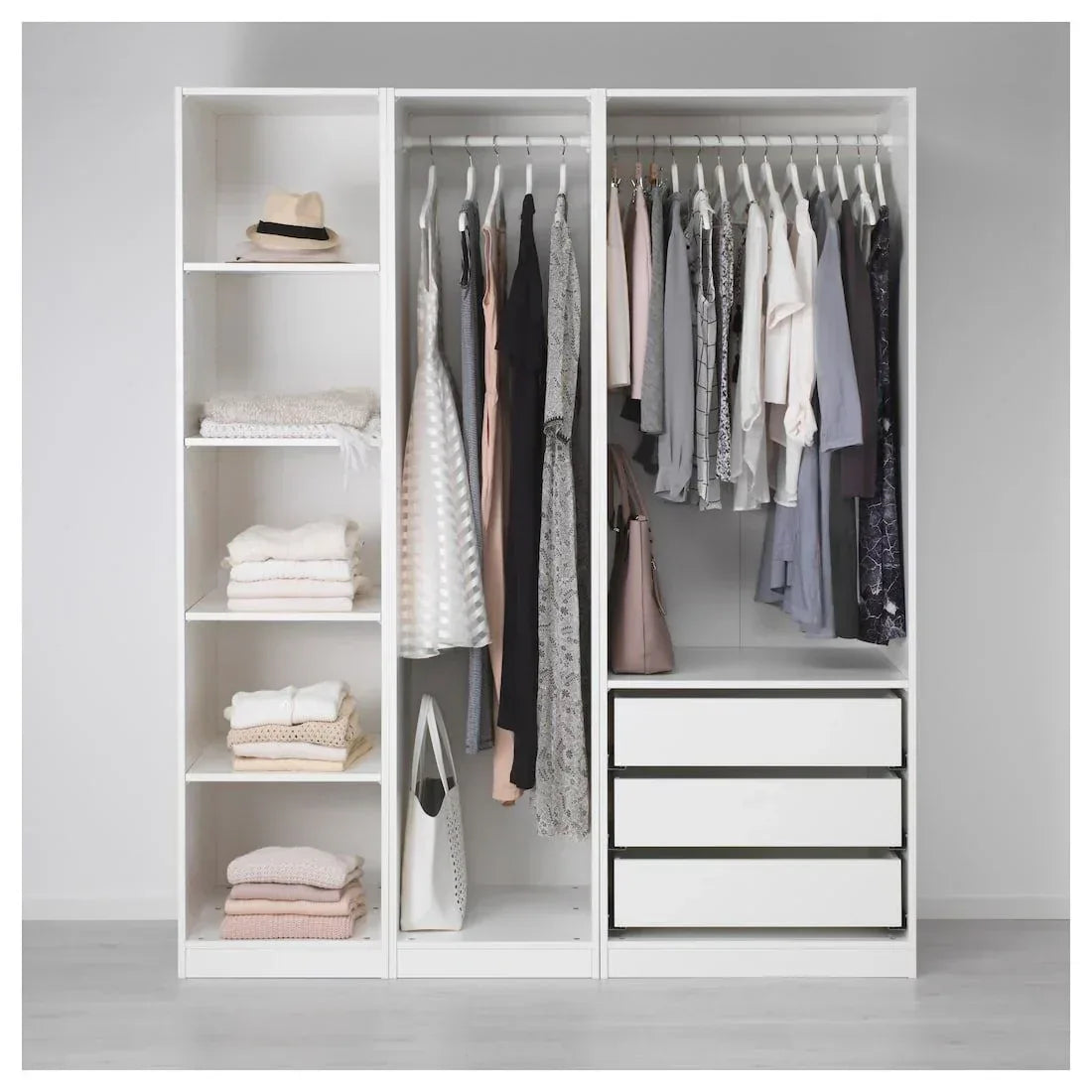 White MDF wardrobe with open shelves, hanging rails, and drawer cabinets, 160x40x200cm