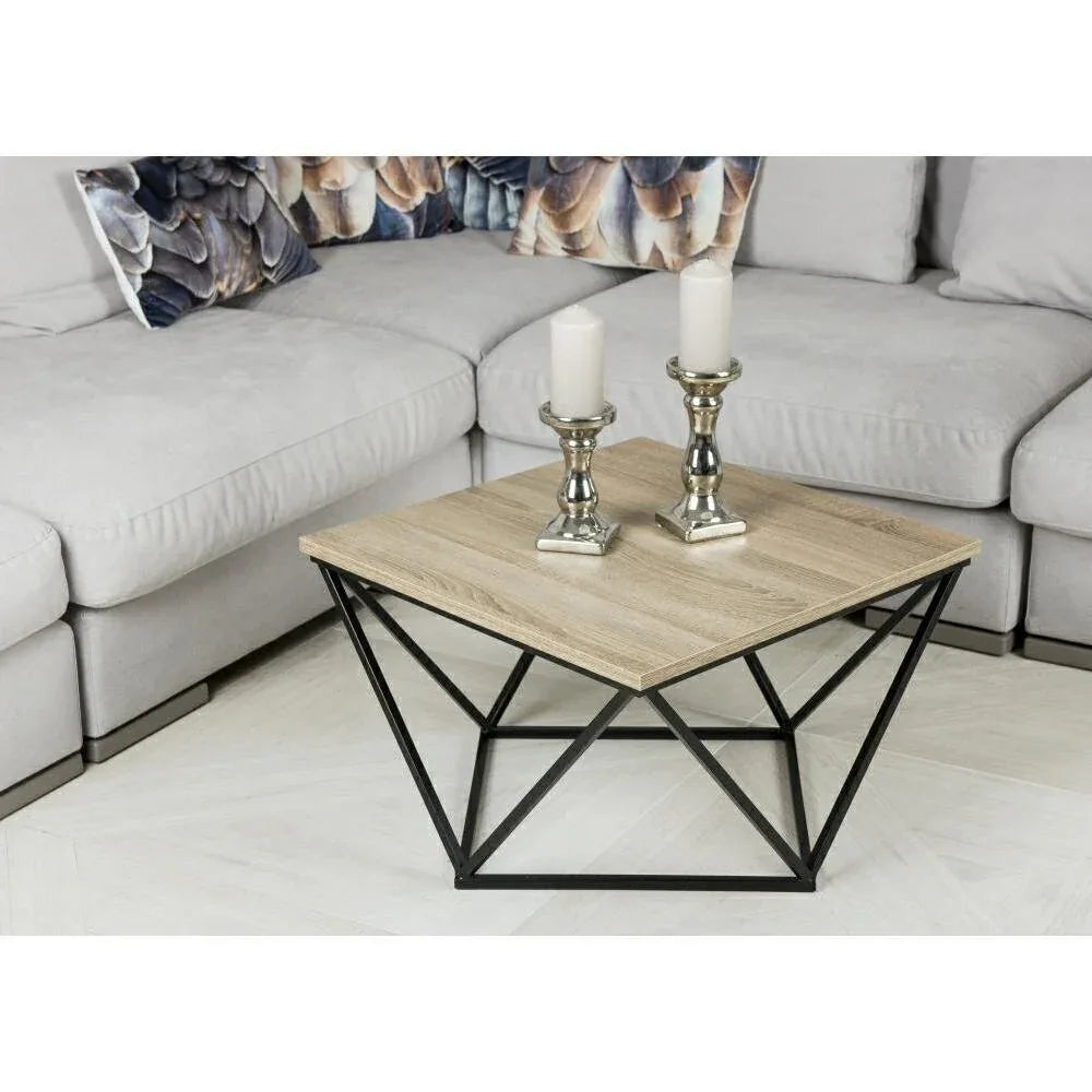 Square coffee table: light MDF top, black metal base, 60x60x40cm