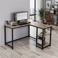 L-shape desk with light wood top, black metal frame, and built-in side shelf.