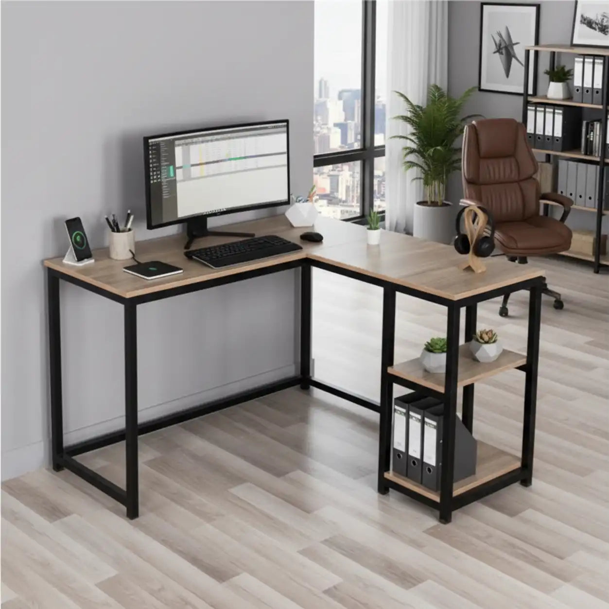 L-shape desk with light wood top, black metal frame, and built-in side shelf.