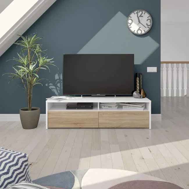 LOUISA TV table, white and light oak MDF with two drawers and open media shelf