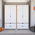 OTTO MDF wardrobe with white panel doors and two lower drawers, light wood frame