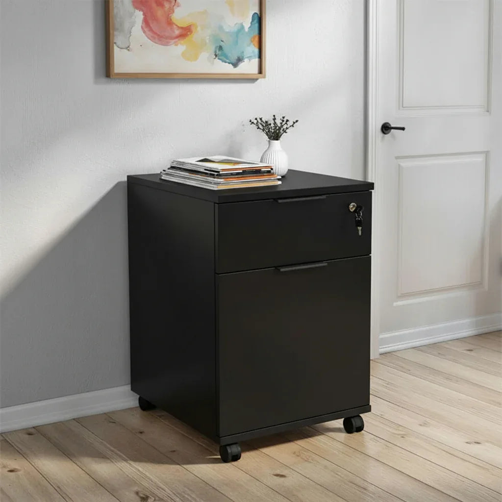 Black drawer cabinet unit with one drawer, one door, and casters