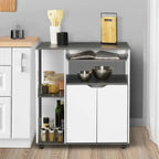 Coffee corner bar cabinet, dark countertop with open shelves, white cabinet doors, casters