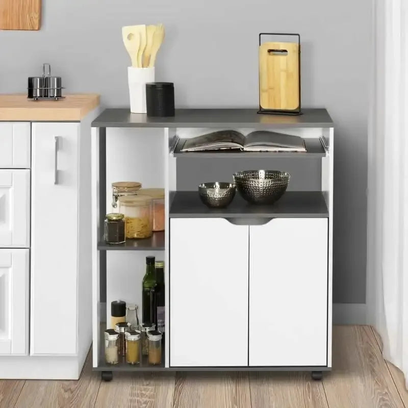 Coffee corner bar cabinet, dark countertop with open shelves, white cabinet doors, casters