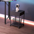 LURA side table with black metal frame, dark MDF top, and lower wire basket shelf
